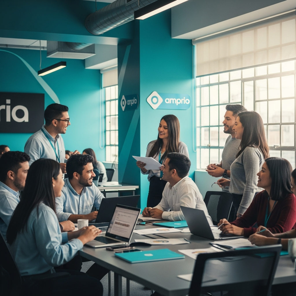 Latin American professionals in a bright modern office, team culture, smiling, collaborative atmosphere, teal branded environment, warm documentary photography