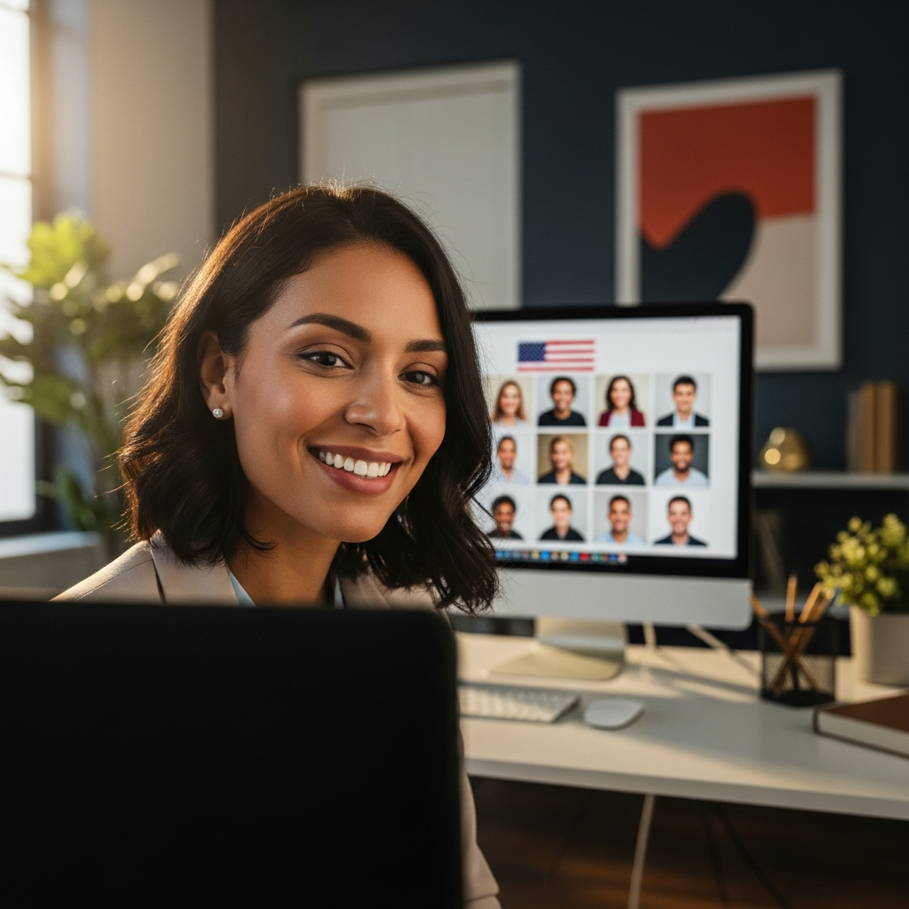 Latin American professional woman smiling confidently on a video call with US coworkers, modern office, warm light, candid documentary style
