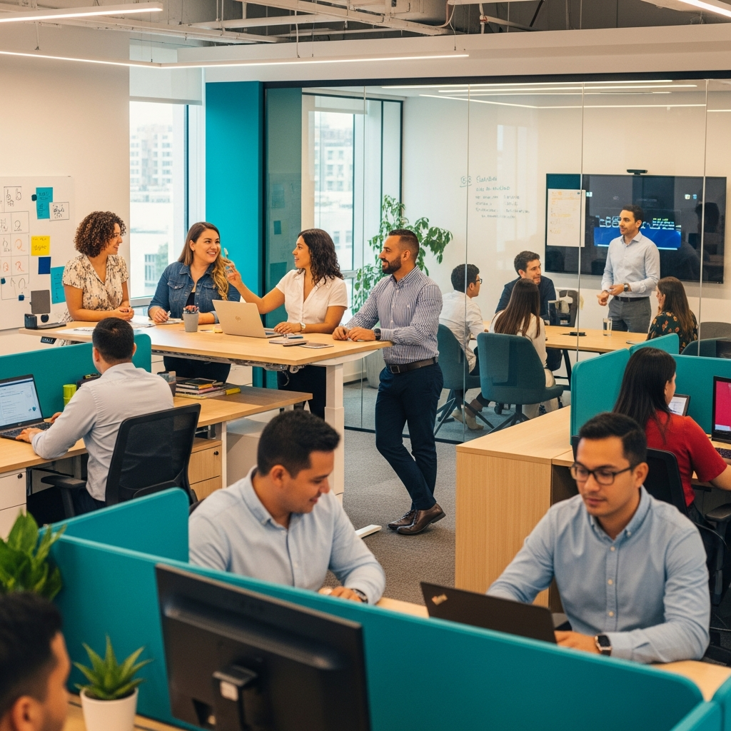 ISA team office in Latin America, warm modern workspace, professionals collaborating, sense of belonging and community, teal and warm neutral tones, editorial photography