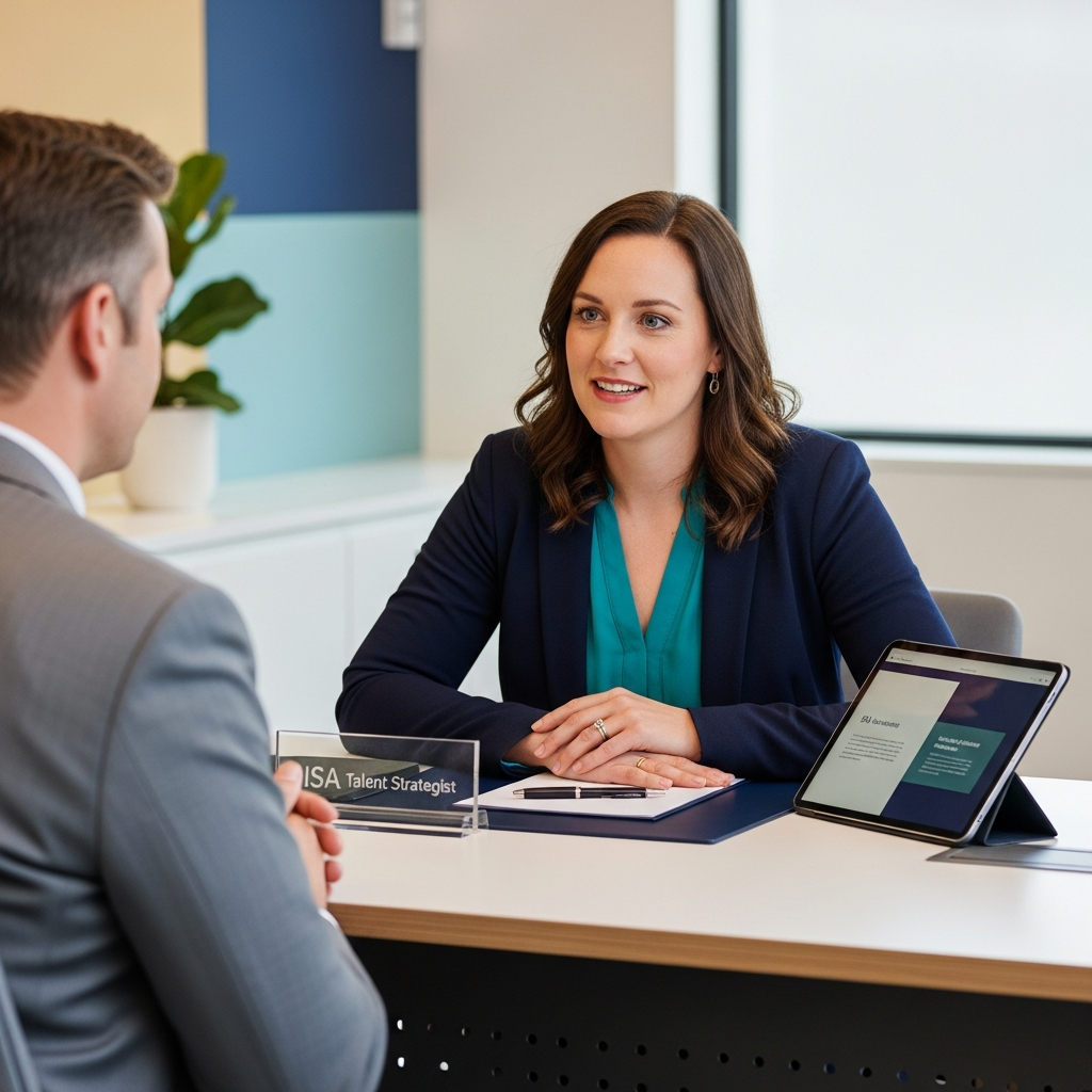 ISA talent strategist at a modern desk welcoming a potential client, warm professional atmosphere, teal and navy tones, confident and approachable, editorial documentary photography