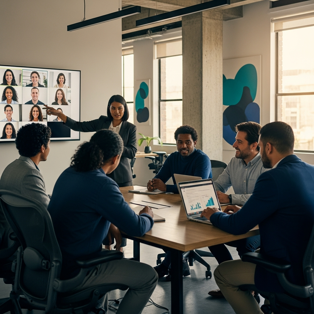 Latin American professional team in a modern office collaborating with US colleagues on video call, warm natural light, documentary editorial style, teal and navy tones