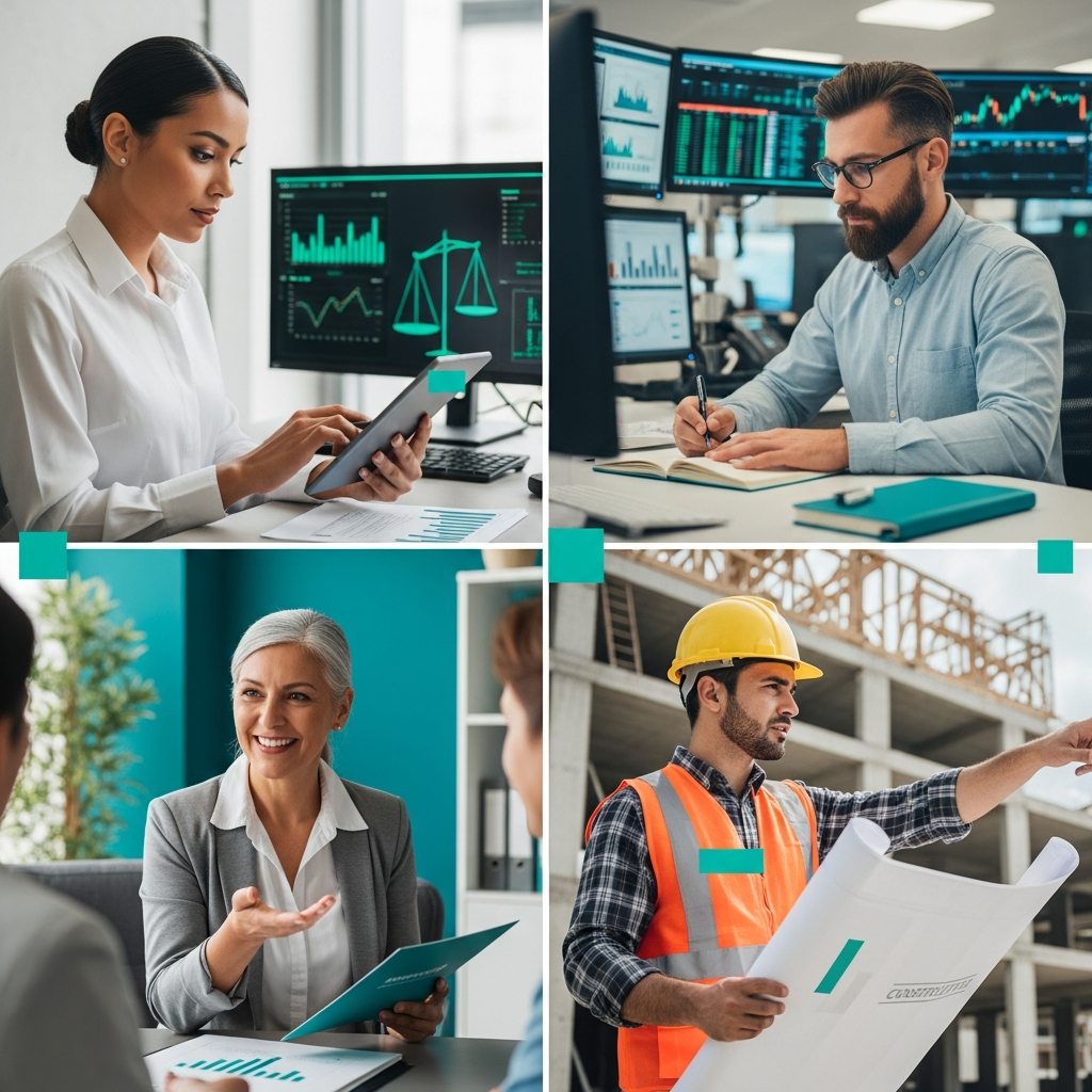 split scene of Latin American professionals in different professional service industries — legal, finance, insurance, and construction, modern documentary editorial photography, teal accent tones