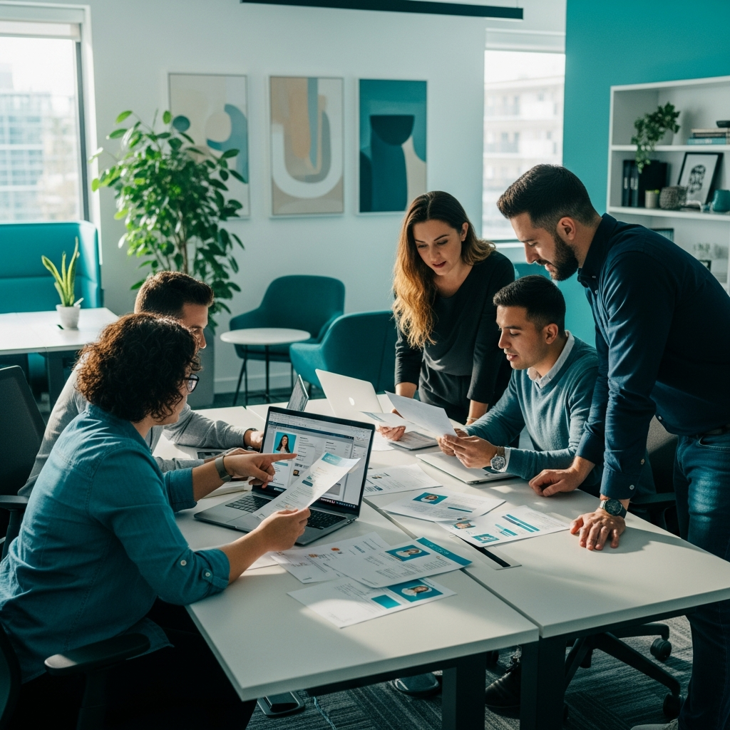 nearshore staffing team reviewing candidate profiles together in a modern office, professional collaboration, teal and neutral tones, documentary editorial style