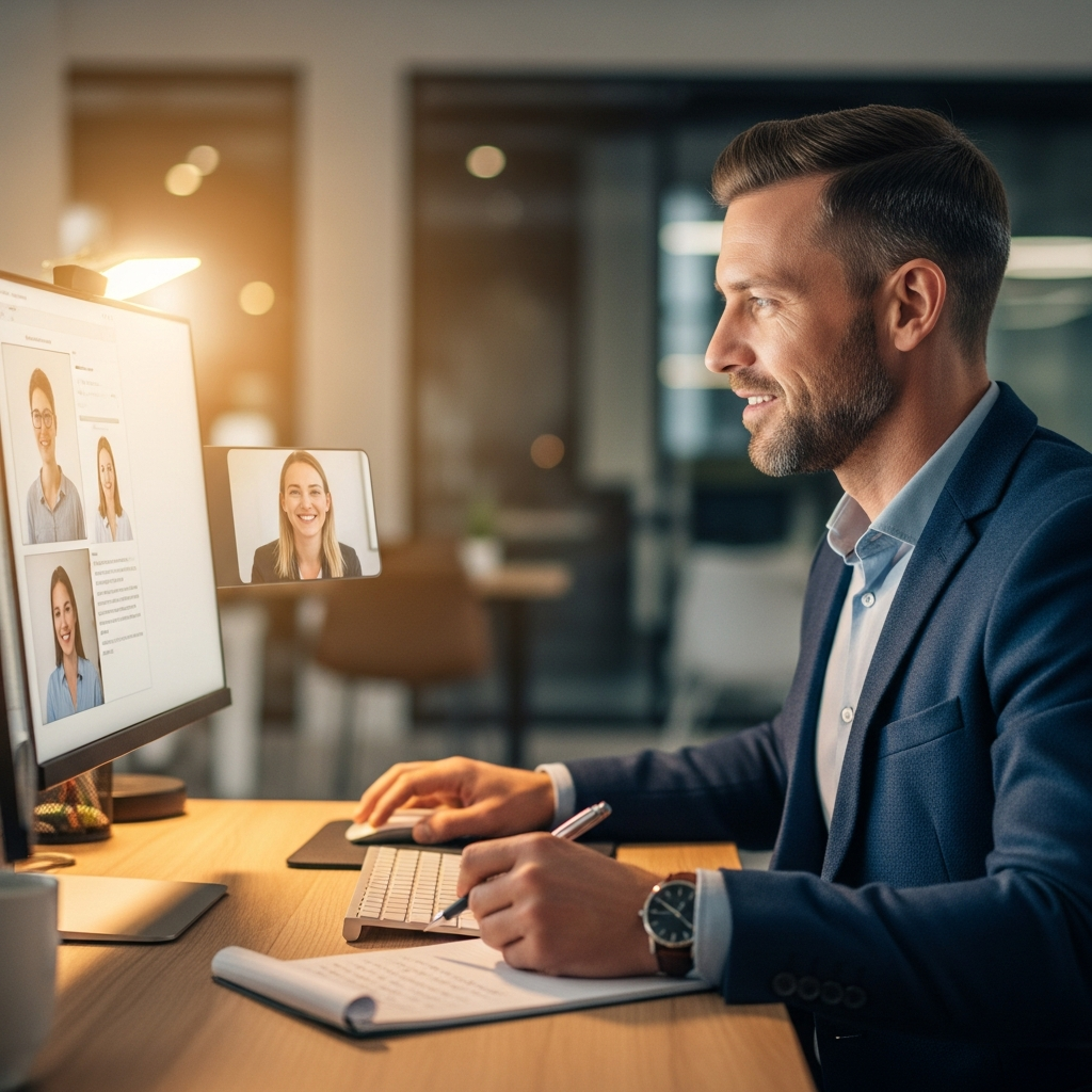 talent recruiter reviewing candidate profiles and having a video interview, modern professional setting, warm light, focused and confident