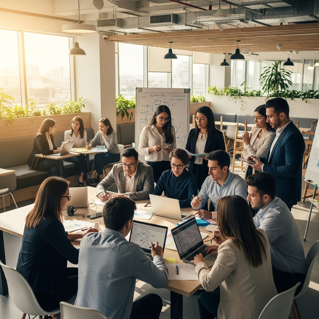 diverse Latin American professionals working in a bright collaborative office environment, sense of community and warmth, editorial documentary photography